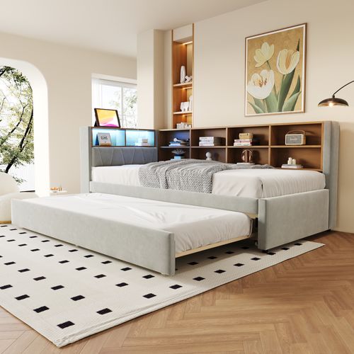 Canapé-lit 90×200 Cm Avec Lit Gigogne 90×190 Cm, LED Et Rangements Gris Clair