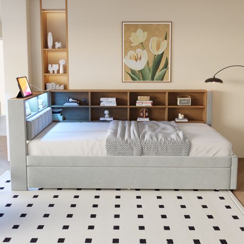 Canapé-lit 90×200 Cm Avec Lit Gigogne 90×190 Cm, LED Et Rangements Gris Clair