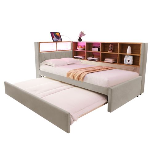 Canapé-lit 90×200 Cm Avec Lit Gigogne 90×190 Cm, LED Et Rangements Gris Clair