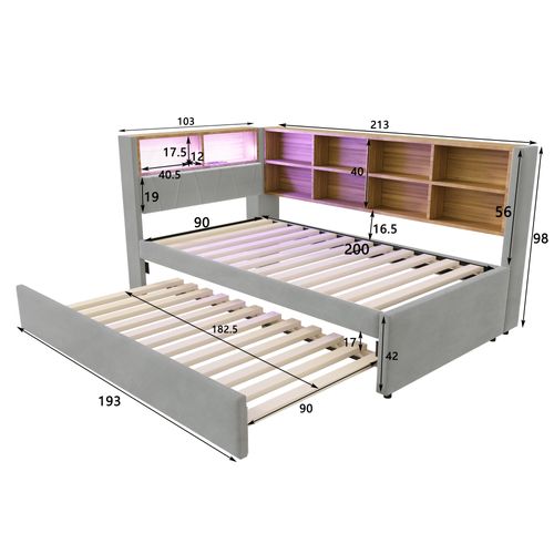 Canapé-lit 90×200 Cm Avec Lit Gigogne 90×190 Cm, LED Et Rangements Gris Clair