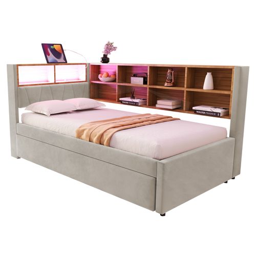 Canapé-lit 90×200 Cm Avec Lit Gigogne 90×190 Cm, LED Et Rangements Gris Clair