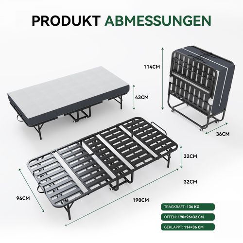Lit Pliant Invité Avec Matelas Mémoire 9,5 Cm, Cadre Métallique 190×96 Cm