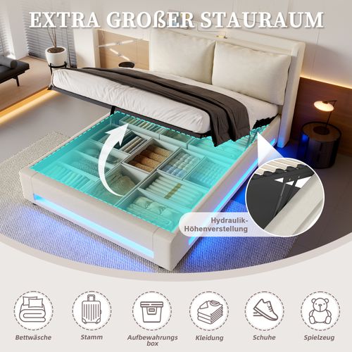 Lit 140x200 Cm En Velours Beige Avec LED, USB-c Et Rangement Pratique