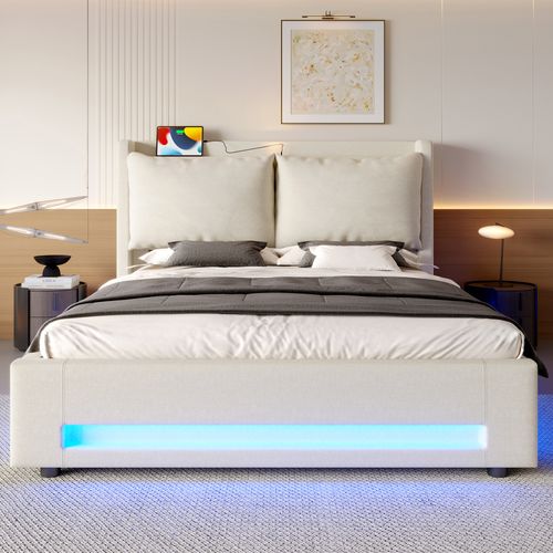 Lit 140x200 Cm En Velours Beige Avec LED, USB-c Et Rangement Pratique