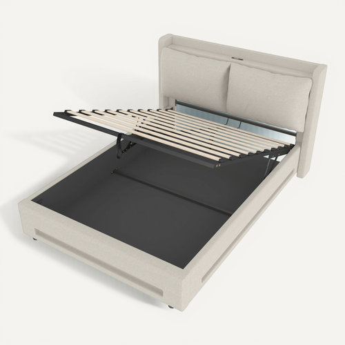 Lit 140x200 Cm En Velours Beige Avec LED, USB-c Et Rangement Pratique
