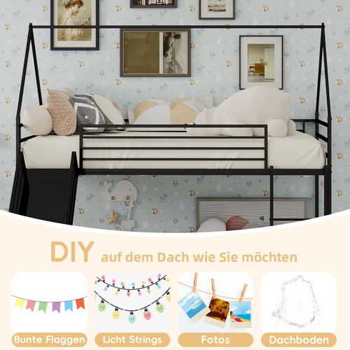 Lit Superposé 190 X 90 Cm Pour Enfants Avec Toboggan Et Maison 2 Places, Noir