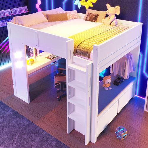 Lit Mezzanine 140x200cm Gaming Avec Bureau, LED Et Ports USB/type-c, Blanc