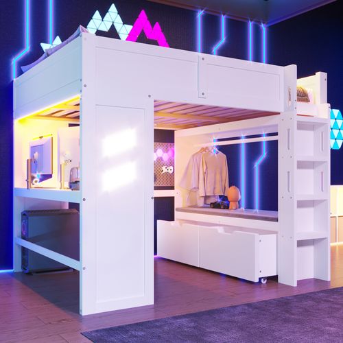 Lit Mezzanine 140x200cm Gaming Avec Bureau, LED Et Ports USB/type-c, Blanc