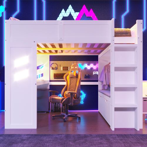 Lit Mezzanine 140x200cm Gaming Avec Bureau, LED Et Ports USB/type-c, Blanc