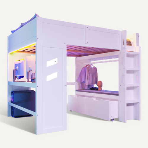 Lit Mezzanine 140x200cm Gaming Avec Bureau, LED Et Ports USB/type-c, Blanc