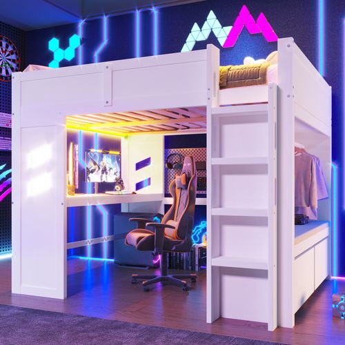 Lit Mezzanine 140x200cm Gaming Avec Bureau, LED Et Ports USB/type-c, Blanc