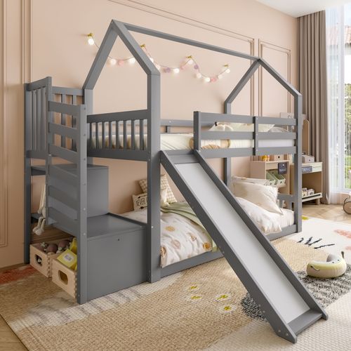 Lit Superposé 90x200cm Avec Toboggan Et Rangement, Style Cabane, Gris