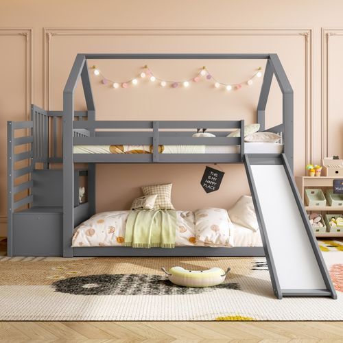 Lit Superposé 90x200cm Avec Toboggan Et Rangement, Style Cabane, Gris