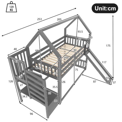 Lit Superposé 90x200cm Avec Toboggan Et Rangement, Style Cabane, Gris