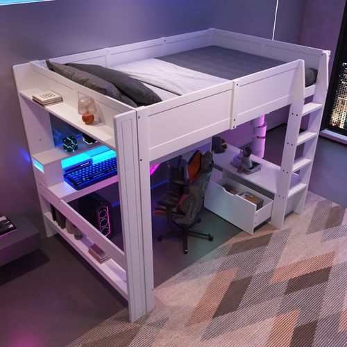 Lit Mezzanine Gaming 140x200cm Avec Bureau, LED Et Rangements, Blanc
