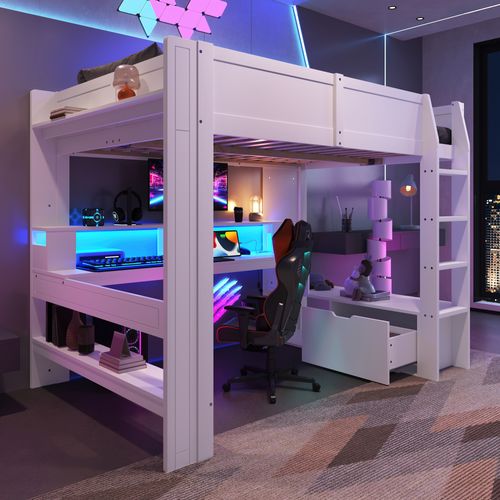 Lit Mezzanine Gaming 140x200cm Avec Bureau, LED Et Rangements, Blanc