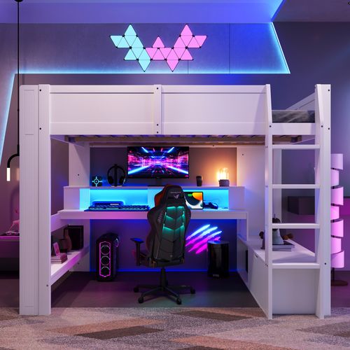 Lit Mezzanine Gaming 140x200cm Avec Bureau, LED Et Rangements, Blanc
