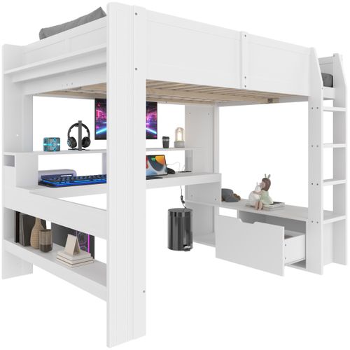 Lit Mezzanine Gaming 140x200cm Avec Bureau, LED Et Rangements, Blanc