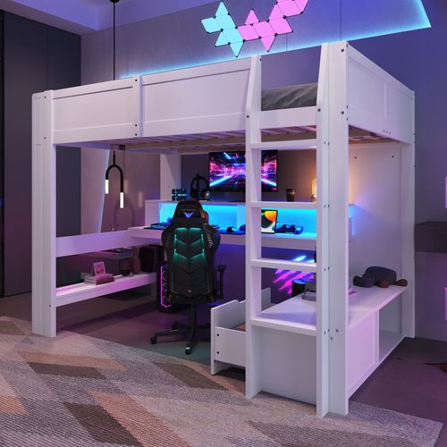 Lit Mezzanine Gaming 140x200cm Avec Bureau, LED Et Rangements, Blanc