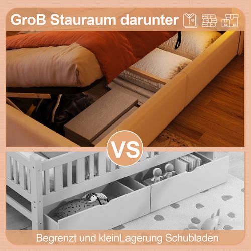 Lit Princesse 90x200 Cm Blanc Pu Avec LED, Tête Réglable Et Coffre Hydraulique