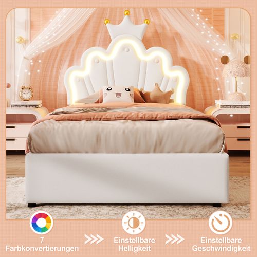 Lit Princesse 90x200 Cm Blanc Pu Avec LED, Tête Réglable Et Coffre Hydraulique