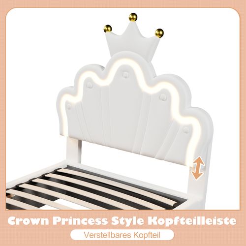 Lit Princesse 90x200 Cm Blanc Pu Avec LED, Tête Réglable Et Coffre Hydraulique