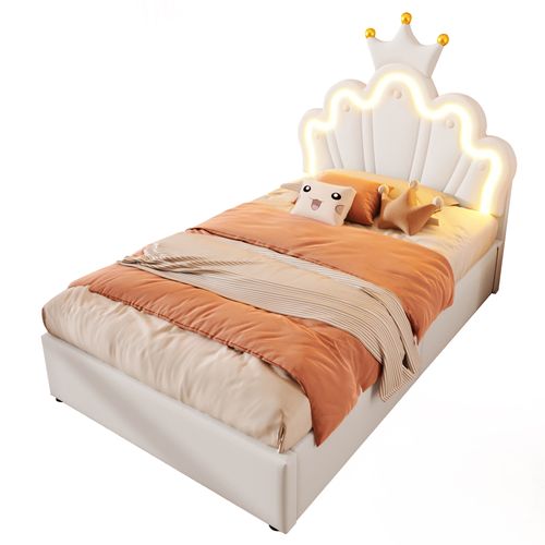 Lit Princesse 90x200 Cm Blanc Pu Avec LED, Tête Réglable Et Coffre Hydraulique