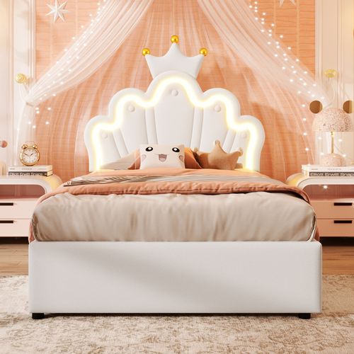 Lit Princesse 90x200 Cm Blanc Pu Avec LED, Tête Réglable Et Coffre Hydraulique