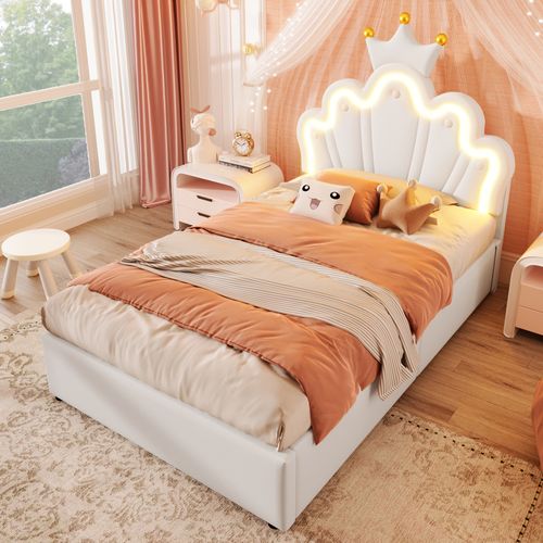 Lit Princesse 90x200 Cm Blanc Pu Avec LED, Tête Réglable Et Coffre Hydraulique