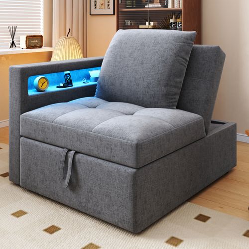 Canapé-lit 3 En 1 En Lin Clair Avec Dossier Réglable, LED Et Ports USB-c