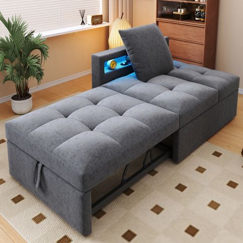 Canapé-lit 3 En 1 En Lin Clair Avec Dossier Réglable, LED Et Ports USB-c