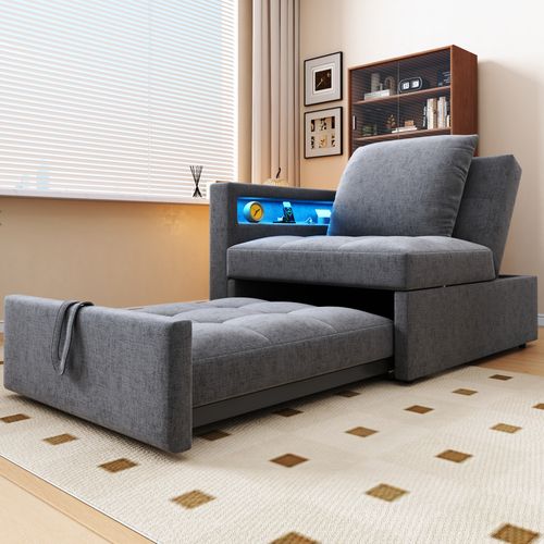 Canapé-lit 3 En 1 En Lin Clair Avec Dossier Réglable, LED Et Ports USB-c