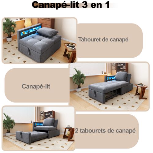 Canapé-lit 3 En 1 En Lin Clair Avec Dossier Réglable, LED Et Ports USB-c