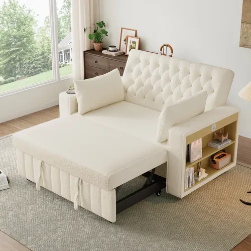 Canapé Convertible Chenille Avec USB, Rangement Et Porte-gobelet, Beige