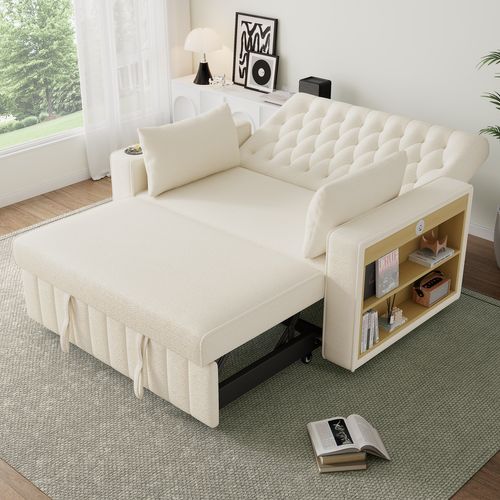 Canapé Convertible Chenille Avec USB, Rangement Et Porte-gobelet, Beige