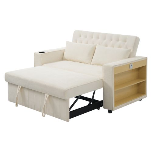 Canapé Convertible Chenille Avec USB, Rangement Et Porte-gobelet, Beige