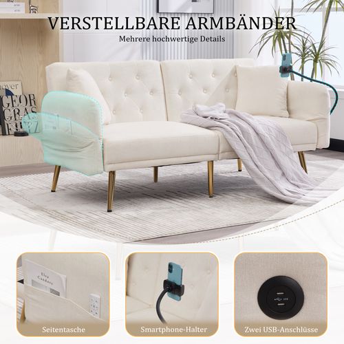 Canapé-lit 2 Places Vert Avec USB, Tissu Doux Et Rangement Intégré