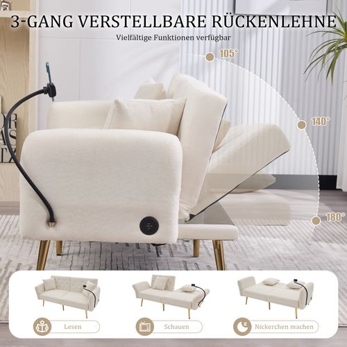 Canapé-lit 2 Places Vert Avec USB, Tissu Doux Et Rangement Intégré