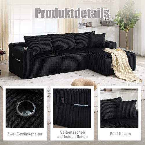 Canapé Modulable Noir Avec Chaiselongue, 2 Places, Cordon Doux Et Accessoires