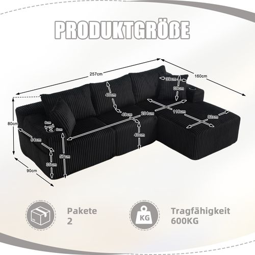 Canapé Modulable Noir Avec Chaiselongue, 2 Places, Cordon Doux Et Accessoires