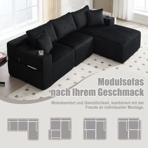Canapé Modulable Noir Avec Chaiselongue, 2 Places, Cordon Doux Et Accessoires