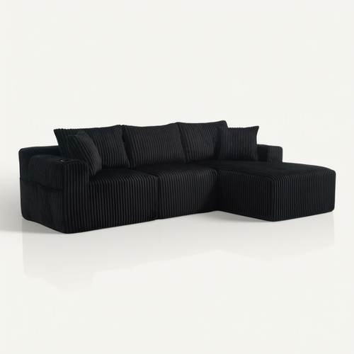 Canapé Modulable Noir Avec Chaiselongue, 2 Places, Cordon Doux Et Accessoires