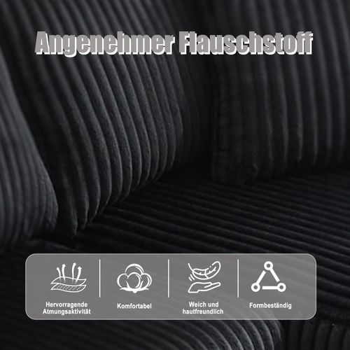 Canapé Modulable Noir Avec Chaiselongue, 2 Places, Cordon Doux Et Accessoires