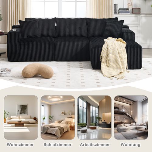 Canapé Modulable Noir Avec Chaiselongue, 2 Places, Cordon Doux Et Accessoires