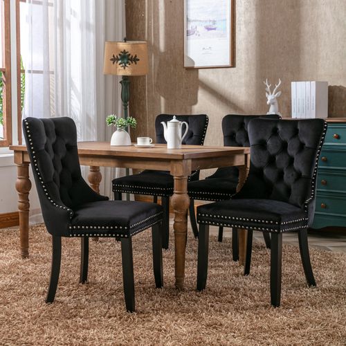 Chaises De Salle à Manger 2 Pièces En Velours Noir Avec Pieds En Bois Et Clous