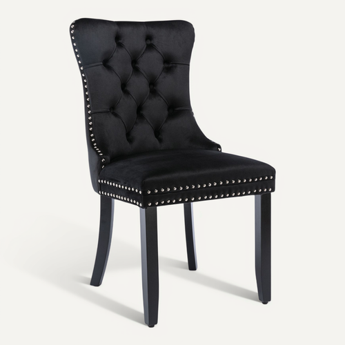 Chaises De Salle à Manger 2 Pièces En Velours Noir Avec Pieds En Bois Et Clous