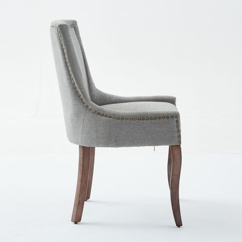 Chaises De Salle à Manger En Tissu Gris Avec Pieds Bois Et Rivets Bronze, 2 Pièces