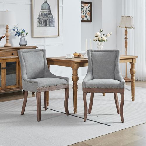 Chaises De Salle à Manger En Tissu Gris Avec Pieds Bois Et Rivets Bronze, 2 Pièces