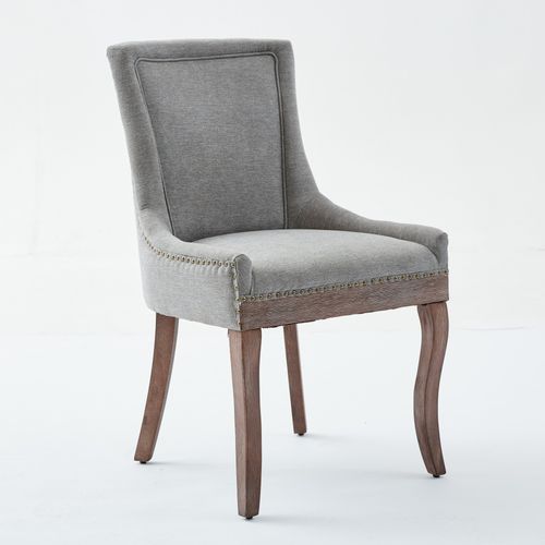 Chaises De Salle à Manger En Tissu Gris Avec Pieds Bois Et Rivets Bronze, 2 Pièces