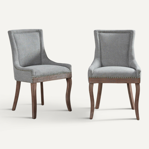 Chaises De Salle à Manger En Tissu Gris Avec Pieds Bois Et Rivets Bronze, 2 Pièces